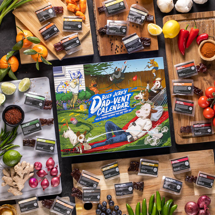 Dad-vent Jerky Calendar in the middle of jerky bits for a great men's snack gift.